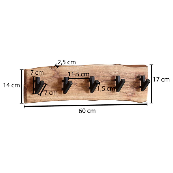 Wandgarderobe Damgarten - Akazie Massiv / Eisen - Braun / Schwarz - 60 x 17 cm - Image 6