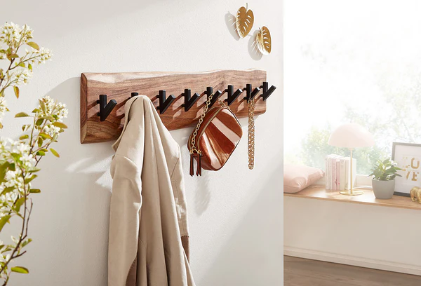 Wandgarderobe Damgarten - Akazie Massiv / Eisen - Braun / Schwarz - 90 x 19 cm - Image 3